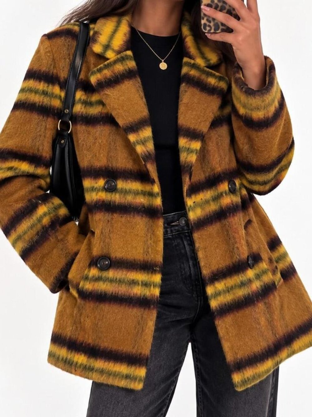 Retro Mod Plaid Fuzzy Peacoat Vigoss XL Camel Brown Fall Coat